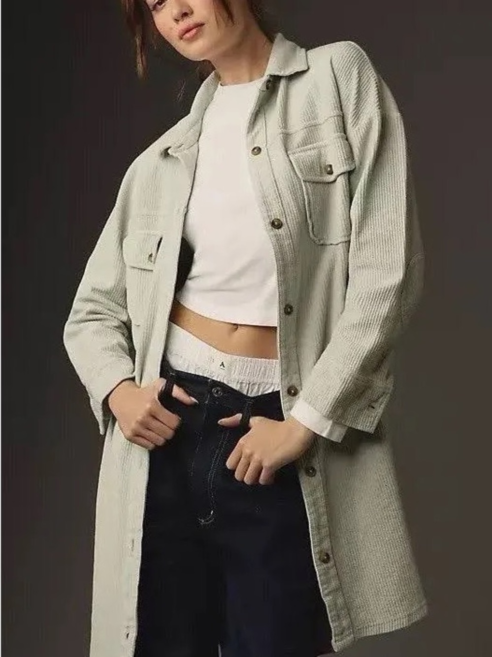 Pilcro Light Sage Long Corduroy Shacket - Women